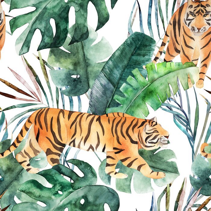 Poster Aquarel met een tijger en een jungle