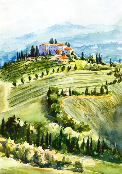 Poster Aquarel met uitzicht op Toscane