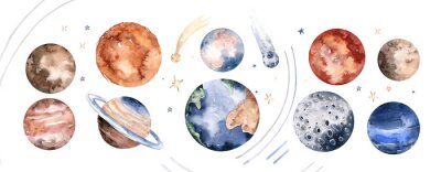 Sticker Aquarel planeten van het zonnestelsel