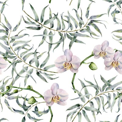 Aquarel tropische patroon met eucalyptus en witte orchideeën. Hand geschilderde exotische ornament met takken met bladeren op een witte achtergrond. Natuurlijke druk voor ontwerp, stof.