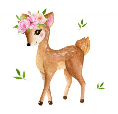 Poster Aquarel van een hert met een krans op zijn hoofd.