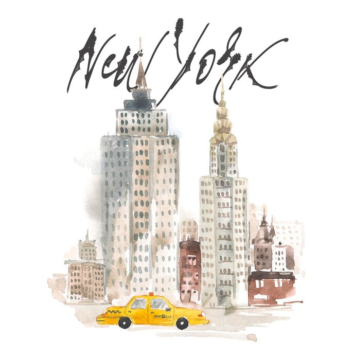 Poster Aquarel van New Yorkse wolkenkrabbers met een gele taxi