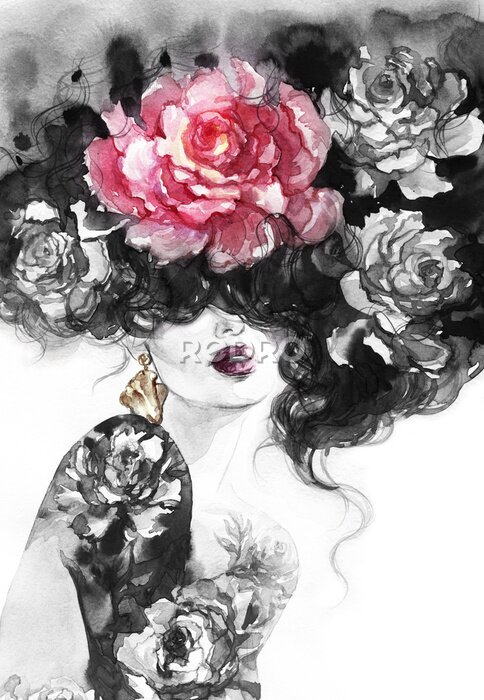 Poster Aquarel vrouw met bloemen