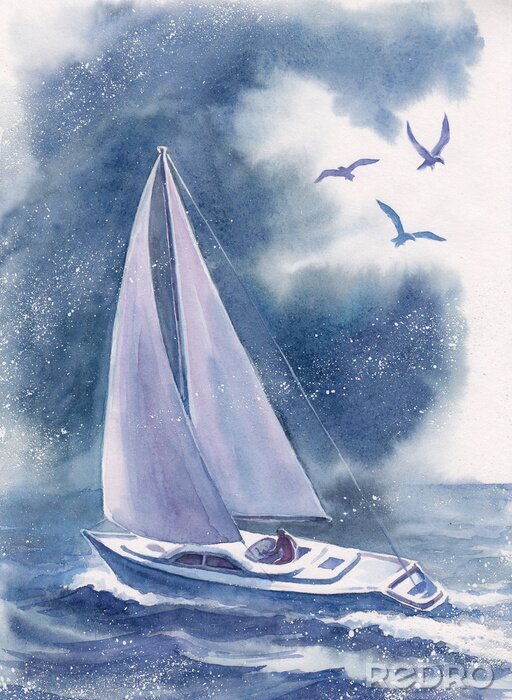 Poster Aquarel zeilboot en meeuwen