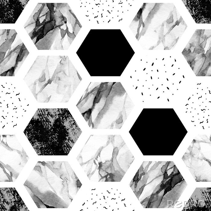 Poster Aquarel zeshoek met strepen, water kleur marmer, korrelig, grunge, papier structuren.