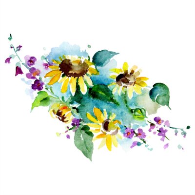 Poster Aquarel zonnebloemen in een romantisch boeket