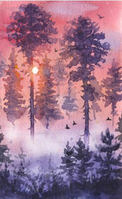 Poster Aquarel zonsondergang in het bos
