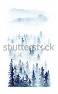 Poster Aquarellandschap met een blauw bos en een bergketen.