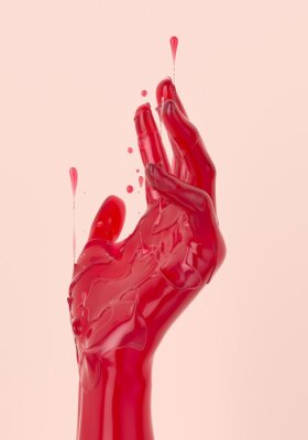 Poster Art creative abstract hand gesture graphic design. Melting hand sculpture with drip up drops isolated 3d rendering.