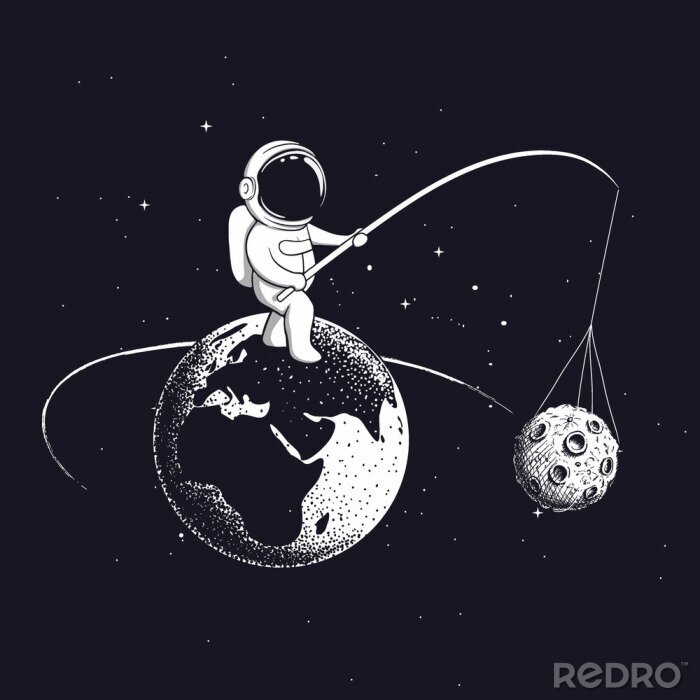 Poster Astronaut die naar de maan vist met een grafische hengel