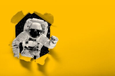 Poster astronaut flies over the earth in space.