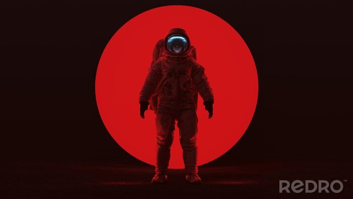 Poster Astronaut in a Red Space Suit Standing in a Alien Void with a Clear Visor Woman's Face with a Big Red Alien Sphere in a Dark foggy void Front View 3d Illustration 3d render
