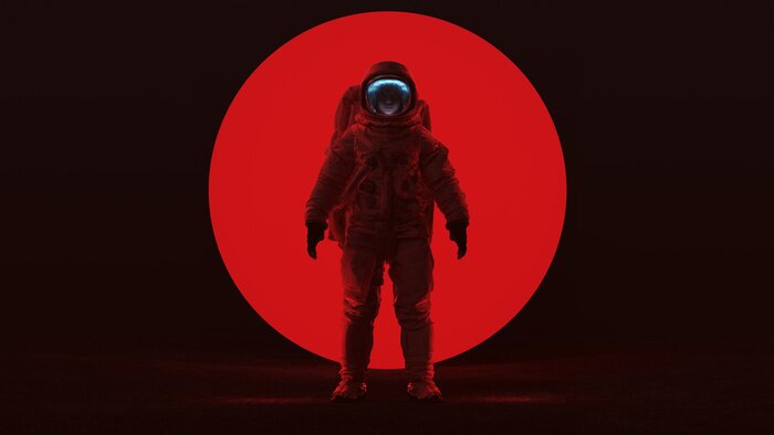 Poster Astronaut in a Red Space Suit Standing in a Alien Void with a Clear Visor Woman's Face with a Big Red Alien Sphere in a Dark foggy void Front View 3d Illustration 3d render