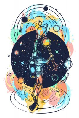 Poster Astronaut in deep space en universe-t-shirtontwerp. Duiker zweeft in ruimtetattoo-kunst. Symbool van wetenschap, onderzoek, ruimtevaart
