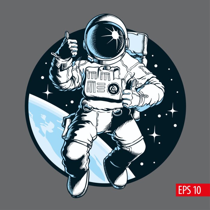Poster Astronaut in space. Thumb up. Space tourist. Vector illustration.