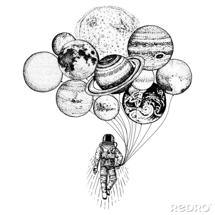 Poster astronaut ruimtevaarder. planeten in het zonnestelsel. astronomische melkwegruimte. kosmonaut ontdek avontuur. gegraveerde hand getekend in oude schets. maan en de zon en aarde, mars en venus, ballonn