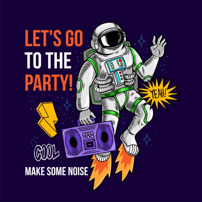 Poster astronaut spaceman with boombox between stars