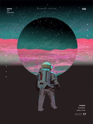 Astronaut tegen de achtergrond van een roze-blauwe planeet