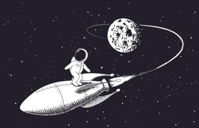 Poster astronaut vliegt vanaf de maan op raket. Kinderachtige vector illustration.Prints ontwerp