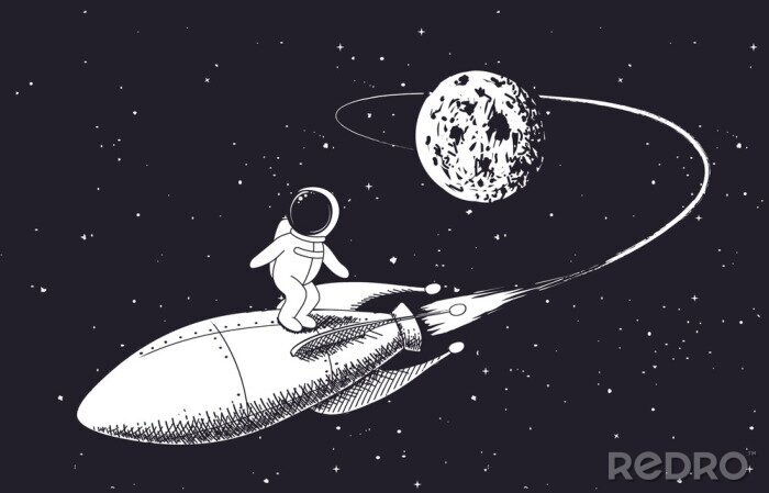 Poster astronaut vliegt vanaf de maan op raket. Kinderachtige vector illustration.Prints ontwerp