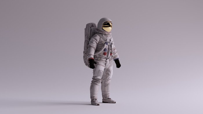 Poster Astronaut with Gold Visor and White Spacesuit With Light Grey Background with Neutral Diffused Side Lighting 3 Quarter Right 3d illustration 3d render