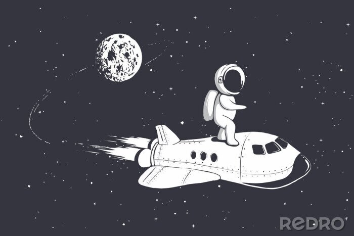 Poster Astronautvlieg op ruimteveer van de maan. Vectorillustratie