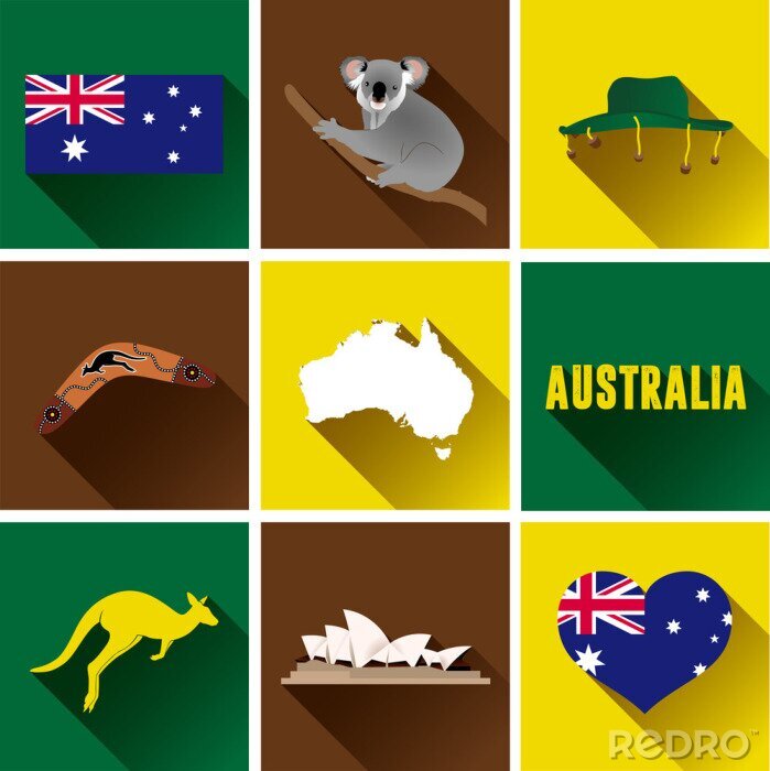 Poster Australië Flat Icon Set. Set van vector grafische vlakke pictogrammen die bezienswaardigheden en symbolen van Australië.
