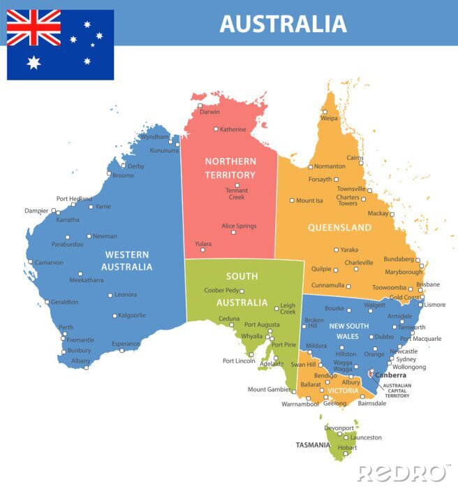 Poster Australië Regio's Steden Kleurzijden