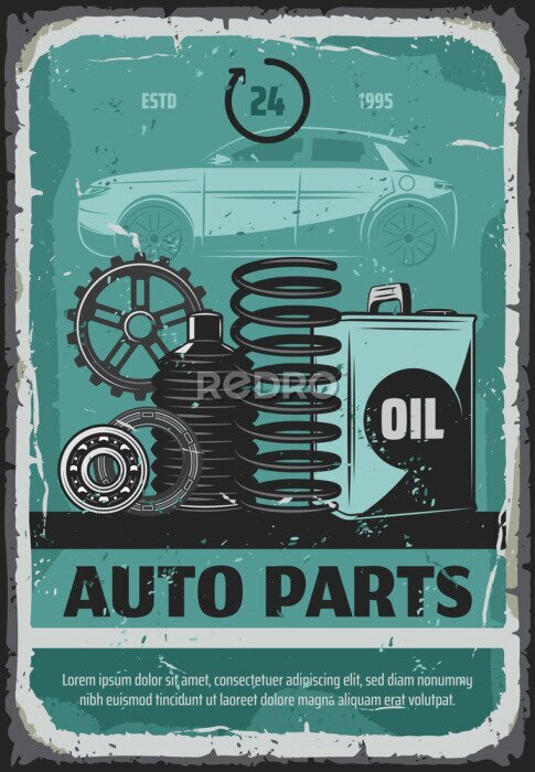 Poster Auto-onderdelen, oliën en tandwielen. Autoservice poster