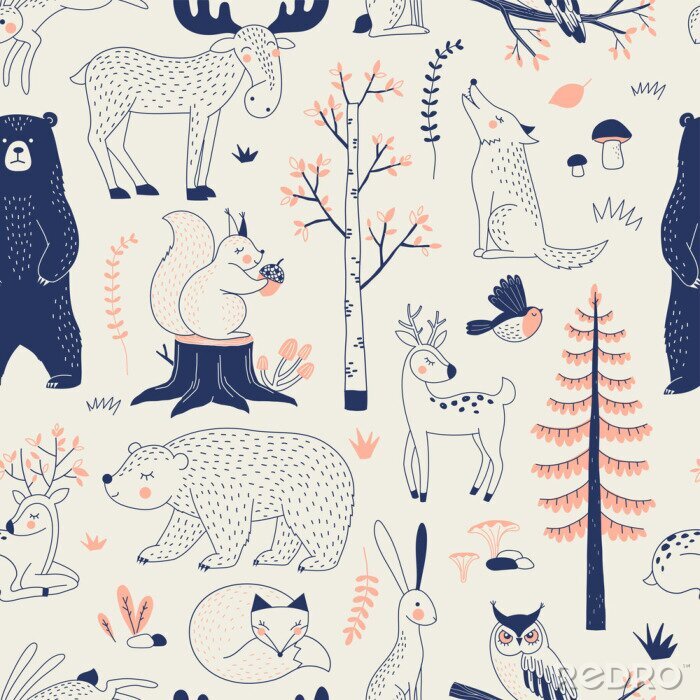 Poster Autumn Forest seamless vector pattern. Woody landscape with Bear Deer Hare Wolf Moose Fox Owl Squirrel creatures repeatable background. Woodland childish print in Scandinavian decorative style. Cute