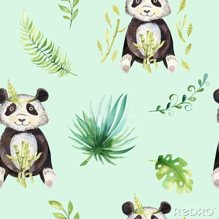 Poster Baby dieren kwekerij geïsoleerde naadloze patroon. Waterverf boho tropische tekening, kind tropische tekening schattige panda en palmboom, tropische groene textuur illustratie