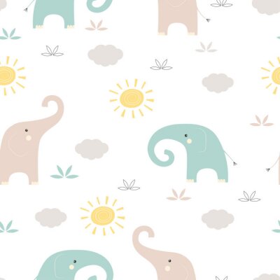 Babyolifanten met zonnen en wolken