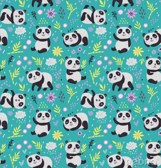 Poster Babypanda tussen groene planten en bloemen