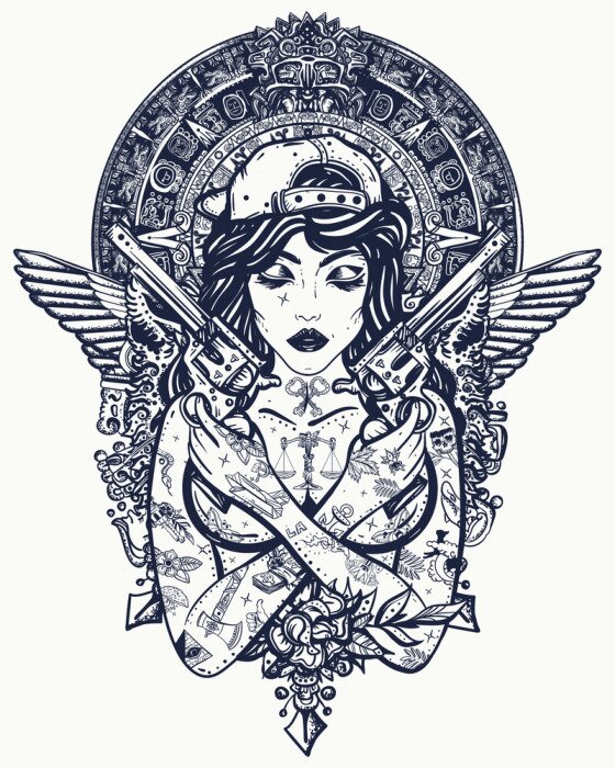 Poster Bad girl, crossed guns, wings and mayan sun. Criminal street culture art. Favela style. Swag. Hip-hop and rap lifestyle. Cool gangster tattooed woman in baseball cap