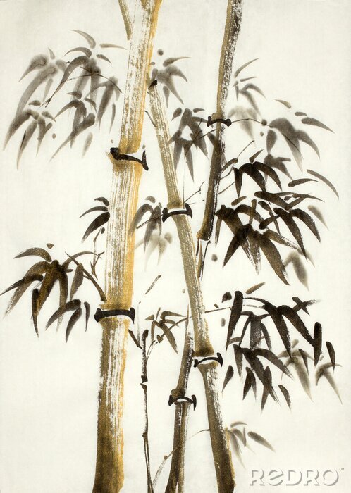 Poster Bamboe boom en aquarel bladeren