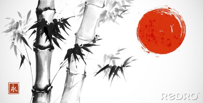 Poster Bamboe boom met Japanse symbolen