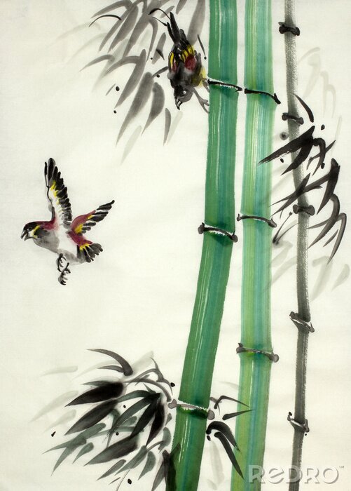 Poster Bamboe en beschilderde vogels
