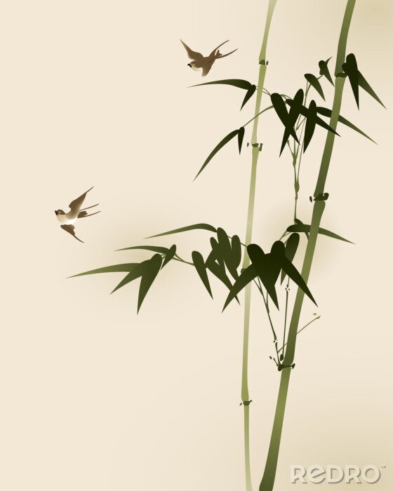 Poster Bamboe natuurmotieven met vogels