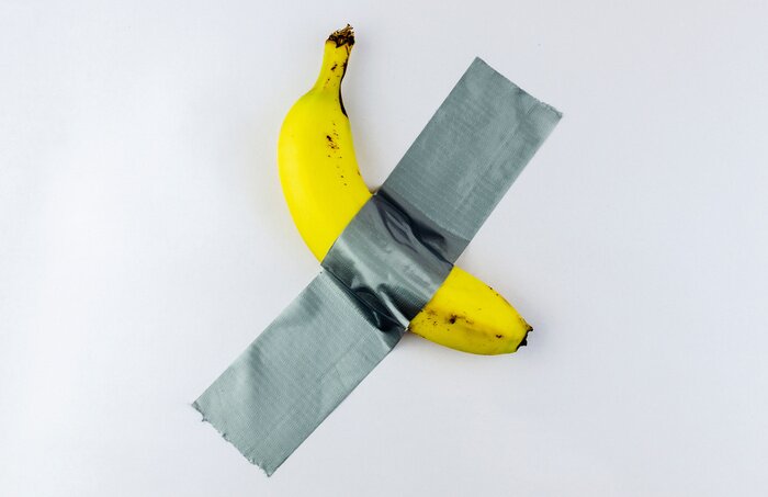 Poster Banana duct taped to the white wall. Conceptual photo.