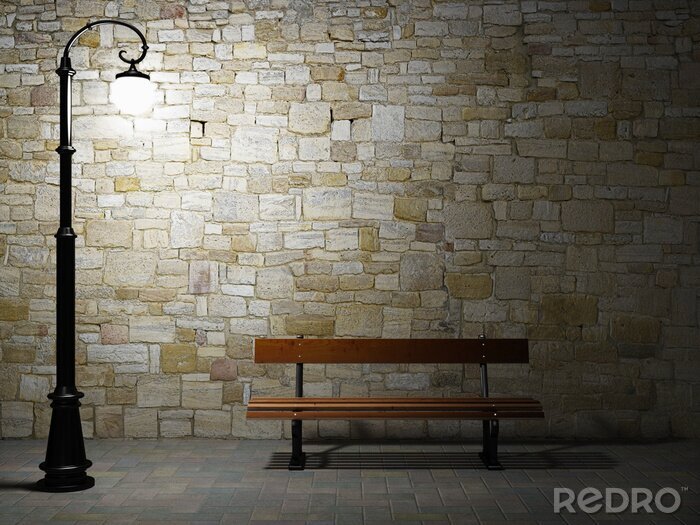 Poster Bank bij een stenen muur