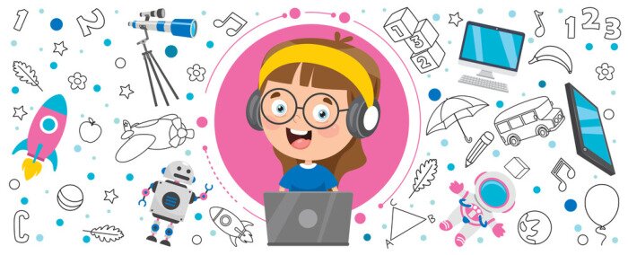 Poster Banner With Little Kid Using Technology