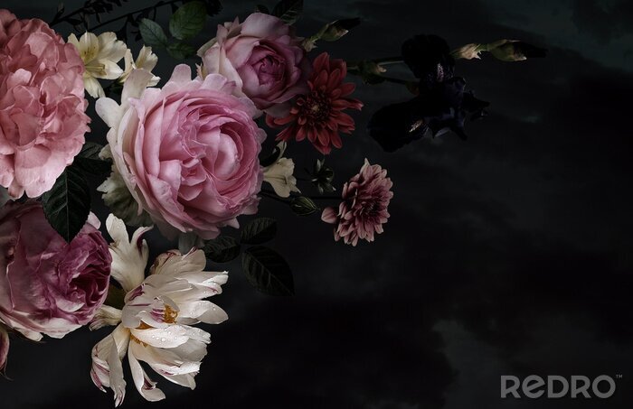 Poster Barok boeket op een zwarte achtergrond