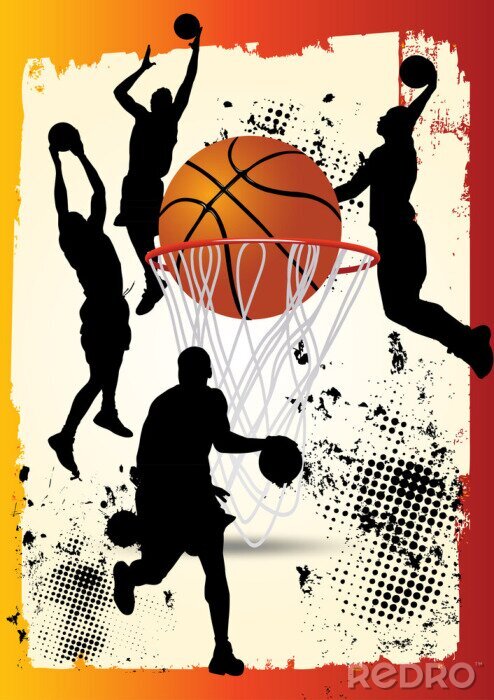 Poster basketbalspeler springt houdingen met hoepel op grunge