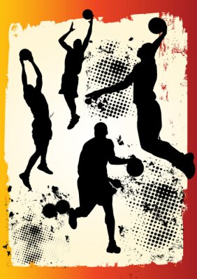 Poster basketbalspeler team in vele houdingen op grunge grafische