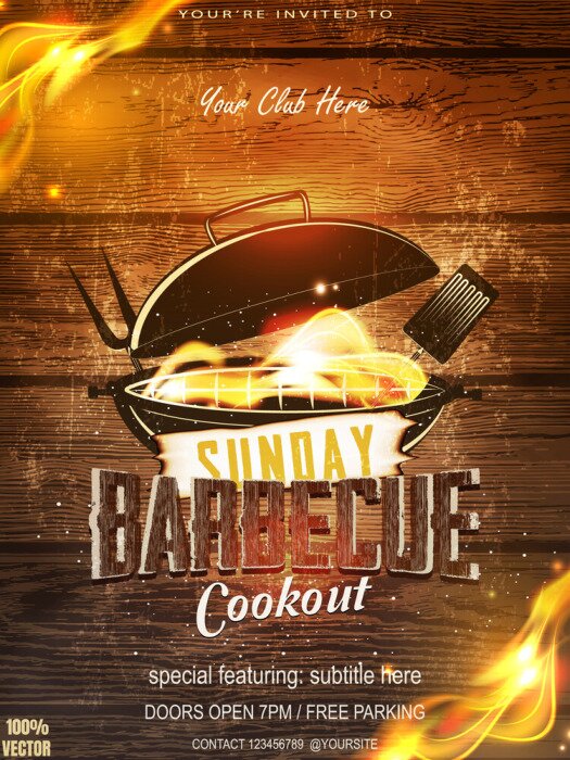 Poster BBQ party invitation template on wooden. Summer Barbecue weekend flyer. Grill vector design with grill elements. Vector design for celebration, invitation, greeting card.