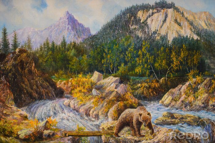 Poster bear on the rapids of a river is fishing. oil painting on canvas.