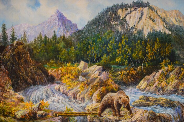 Poster bear on the rapids of a river is fishing. oil painting on canvas.