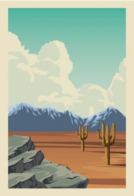 Poster beautiful landscape with desert and cactus scene