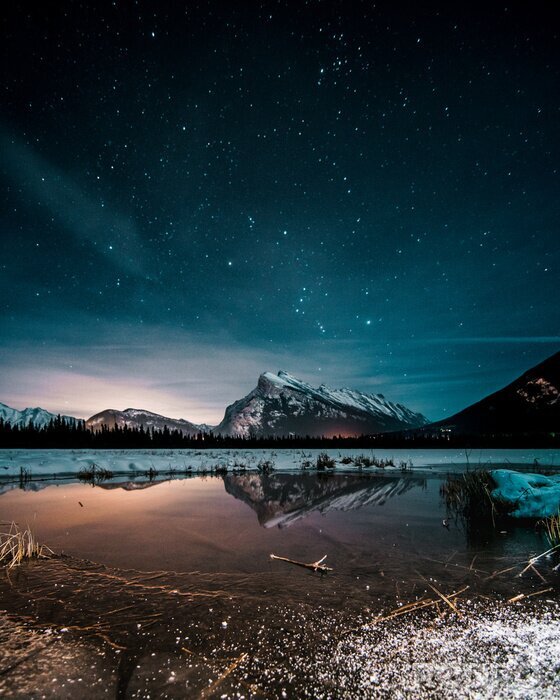 Poster Beautiful night full of stars above Mt Rundle, Vermilion Lakes and Banff town, Banff National Park, Canadian Rockies, Rocky Mountains, Travel Alberta, Canada, North America