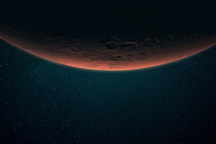 Poster Beautiful red planet Mars in space on a starry background. Solar system. Space wallpaper.